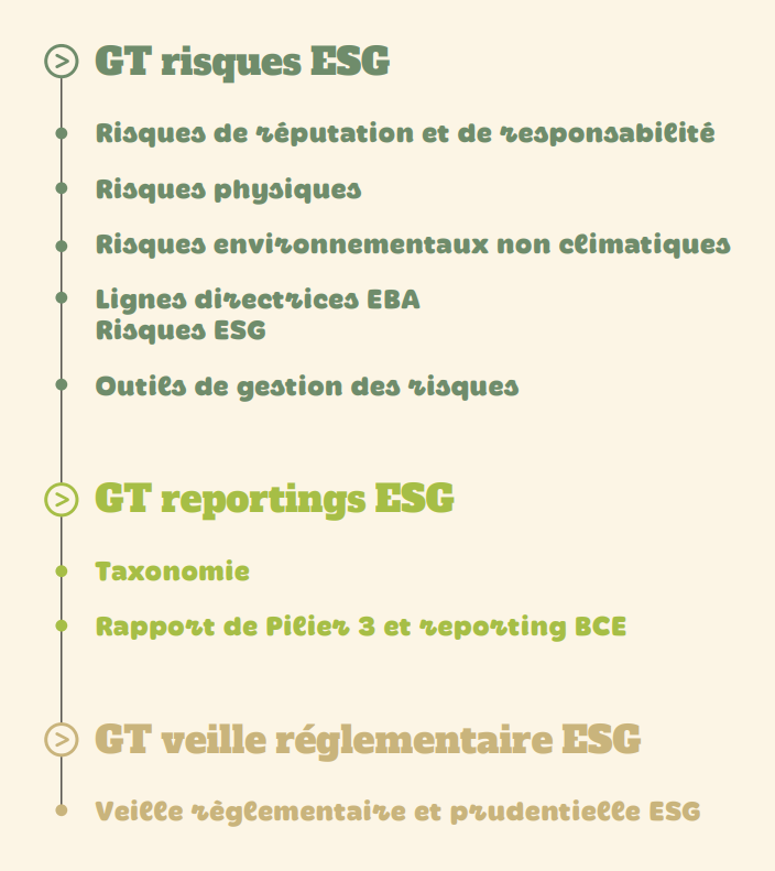 GT risques ESG : - Risques de réputation et de responsabilité - Risques physiques - Risques environnementaux non climatiques - Lignes directrices EBA Risques ESG - Outils de gestion des risques / GT reportings ESG : - Taxonomie - Rapport de Pilier 3 et reporting BCE / GT veille réglementaire ESG : Veille règlementaire et prudentielle ESG
