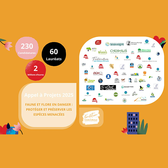 appel à projets 2025 - Faune et flore en danger : protéger et préserver les espèces menacées - 230 candidatures - 60 lauréats - 2 millions d'euros - Fondation Crédit Mutuel - logos partenaires