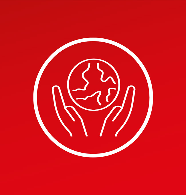 icone vectoriel blanc sur fond rouge cercle mains qui porte la terre