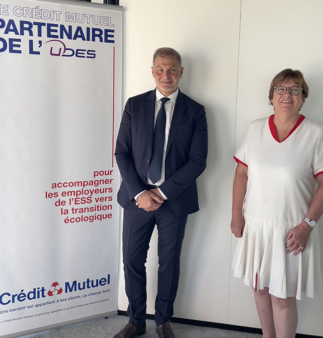 , le Crédit Mutuel partenaire de l'UDES - Isabelle Ferrand - Sébastien Darrigrand, directeur général de l’UDES