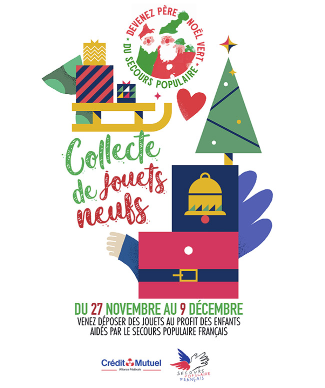 collecte de jouets neufs du 29 novembre au 8 décembre - venez déposer des jouets au profit des enfants aidés par le secours populaire français - logo Crédit Mutuel Alliance Fédérale - logo secours populaire français